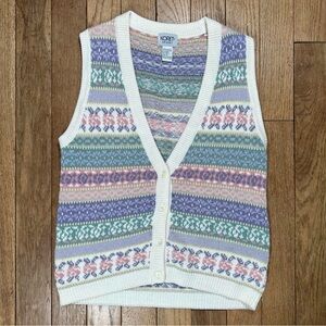 Koret Cream-Trim Pastel Floral Fair Isle V-Neck Sweater Granny Cottagecore Vest